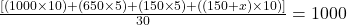 \frac{[(1000 \times 10) + (650 \times 5) + (150 \times 5) + ((150 + x) \times 10)]}{30} = 1000