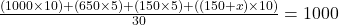 \frac{(1000 \times 10) + (650 \times 5) + (150 \times 5) + ((150 + x) \times 10)}{30} = 1000